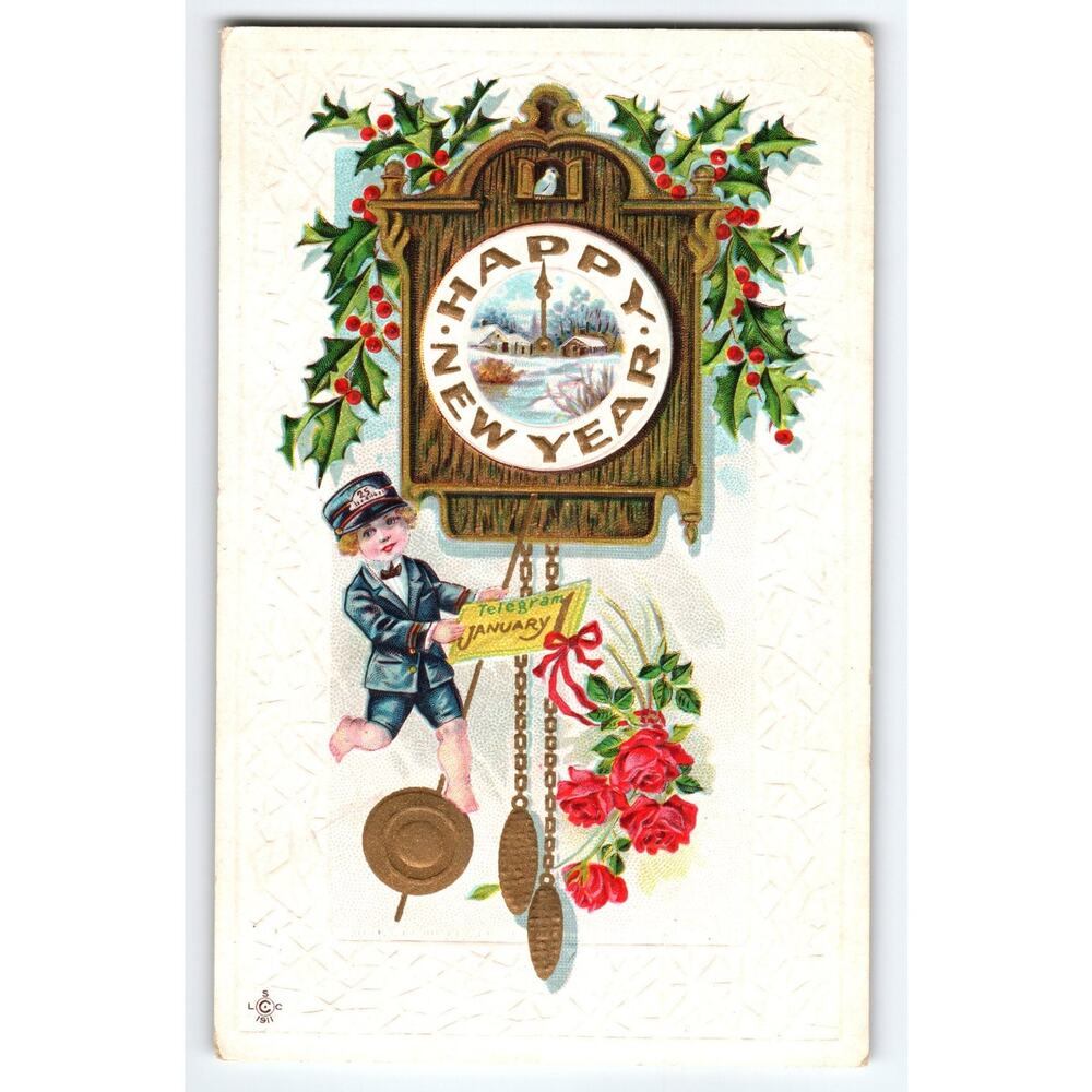 Vintage 1911 Embossed Happy New Year Postcard with Cuckoo Clock & Boy